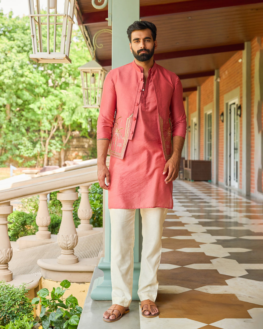Aavesh Peach Embroidered Chanderi Jacket And Kurta Set