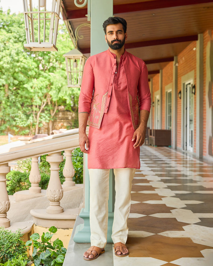 Aavesh Peach Embroidered Chanderi Jacket And Kurta Set