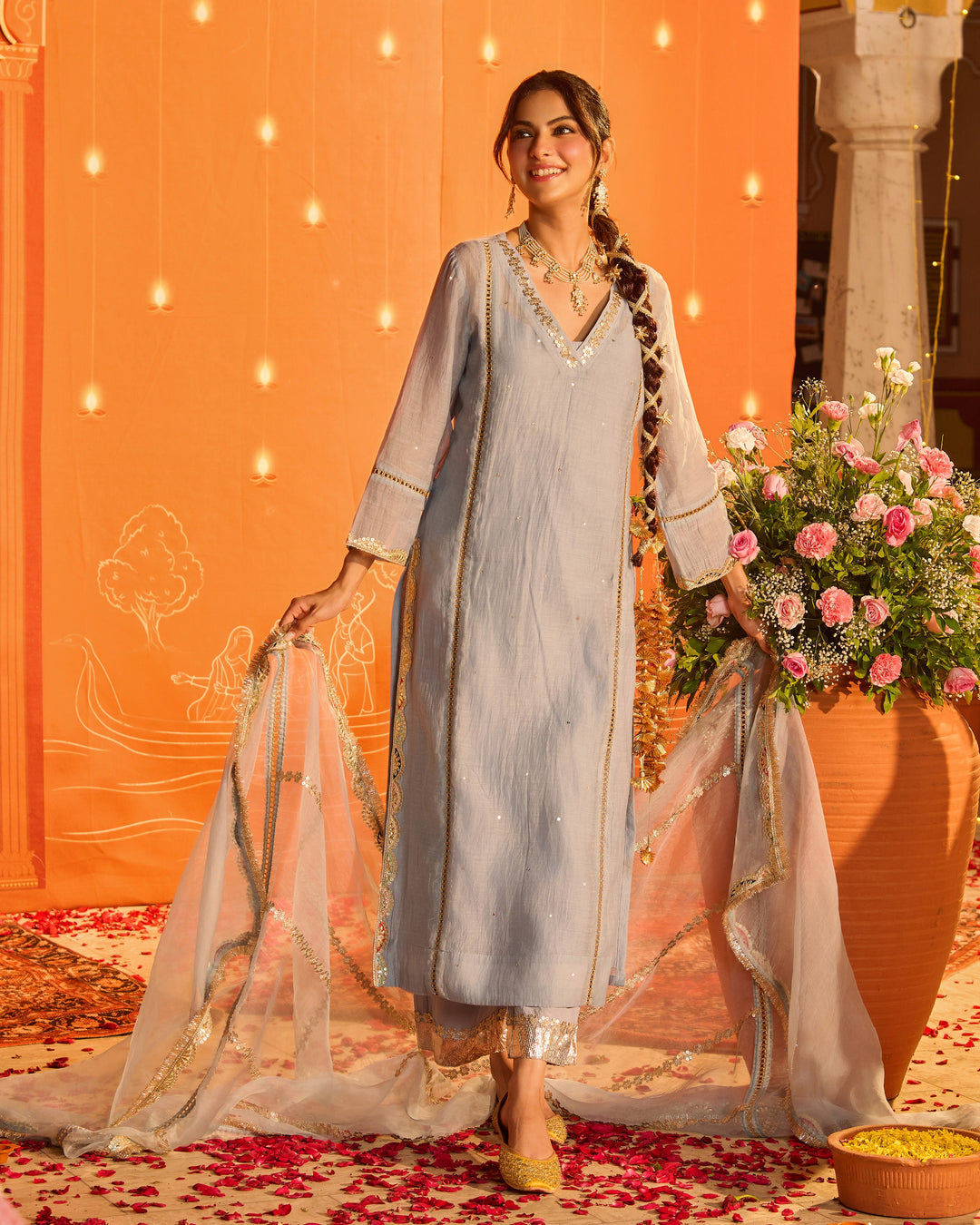 Vihana Powder Blue Embroidered Chanderi Suit Set