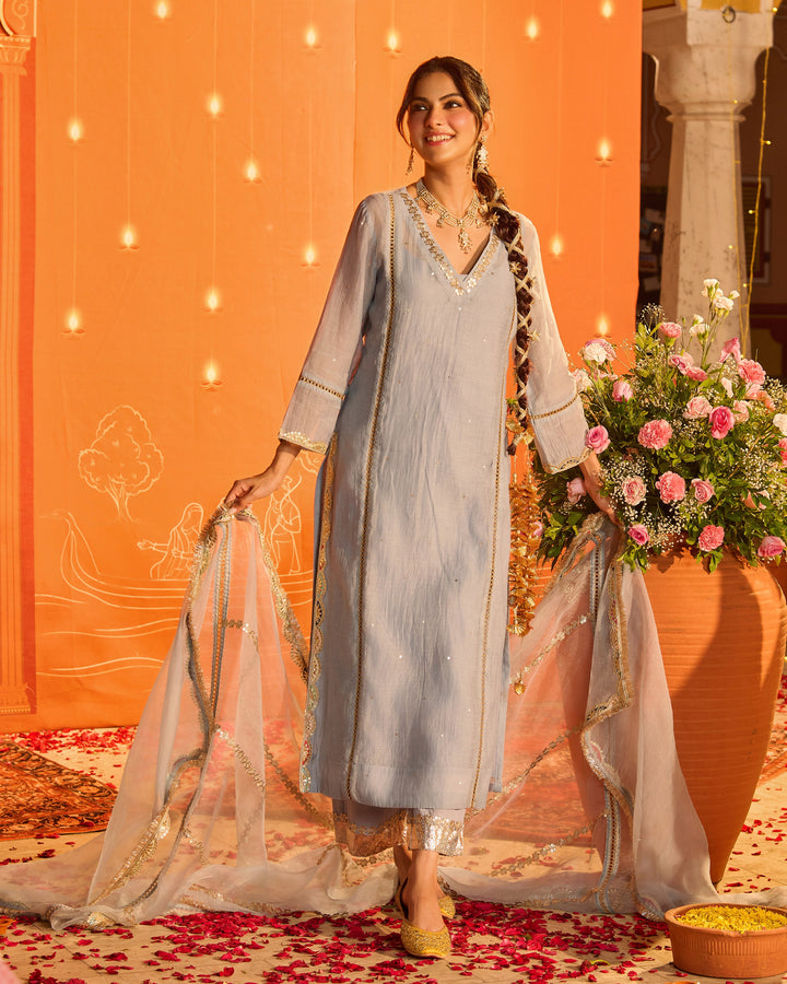Vihana Powder Blue Embroidered Chanderi Suit Set