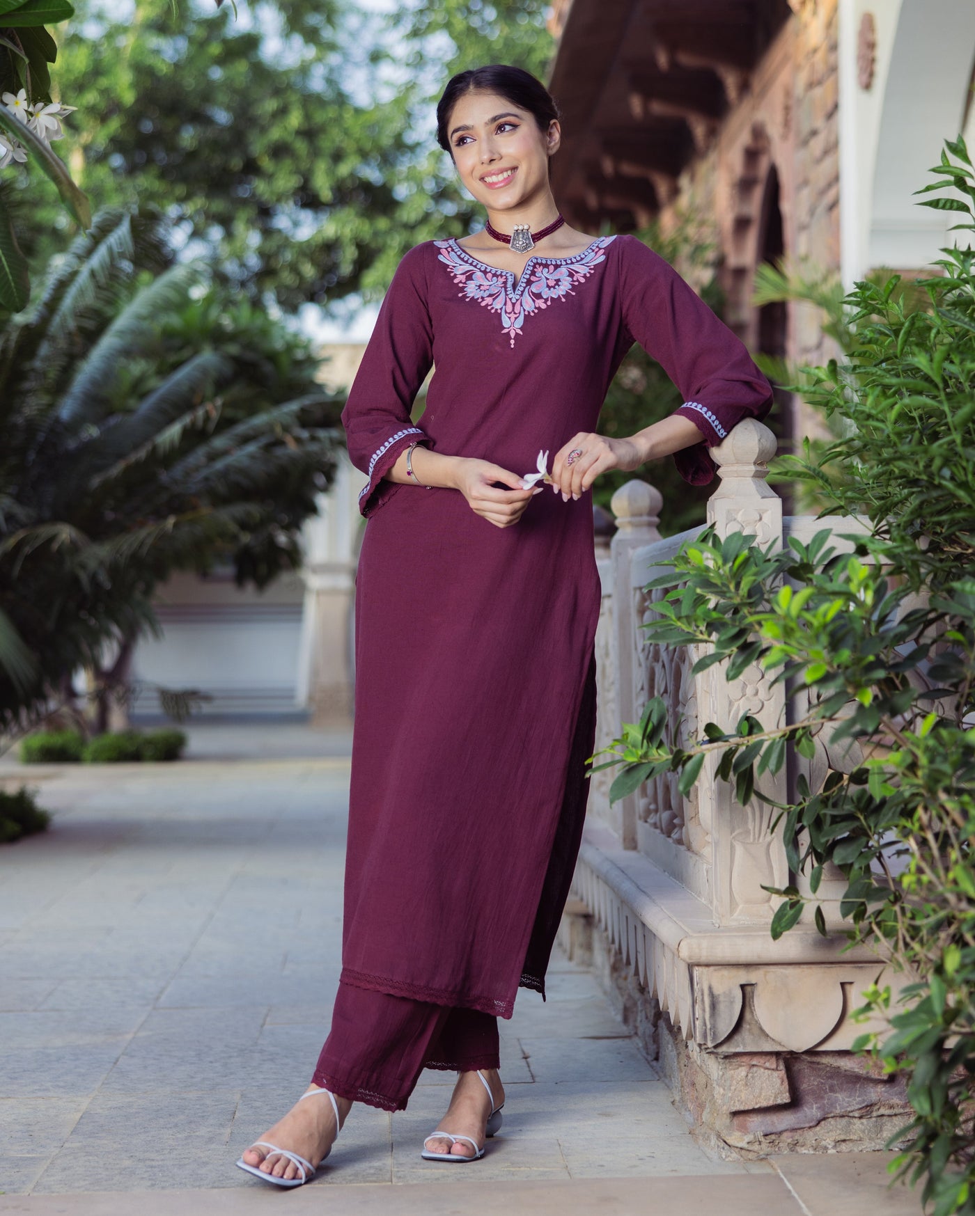 Chic Brown Embroidered Flex Kurta Set