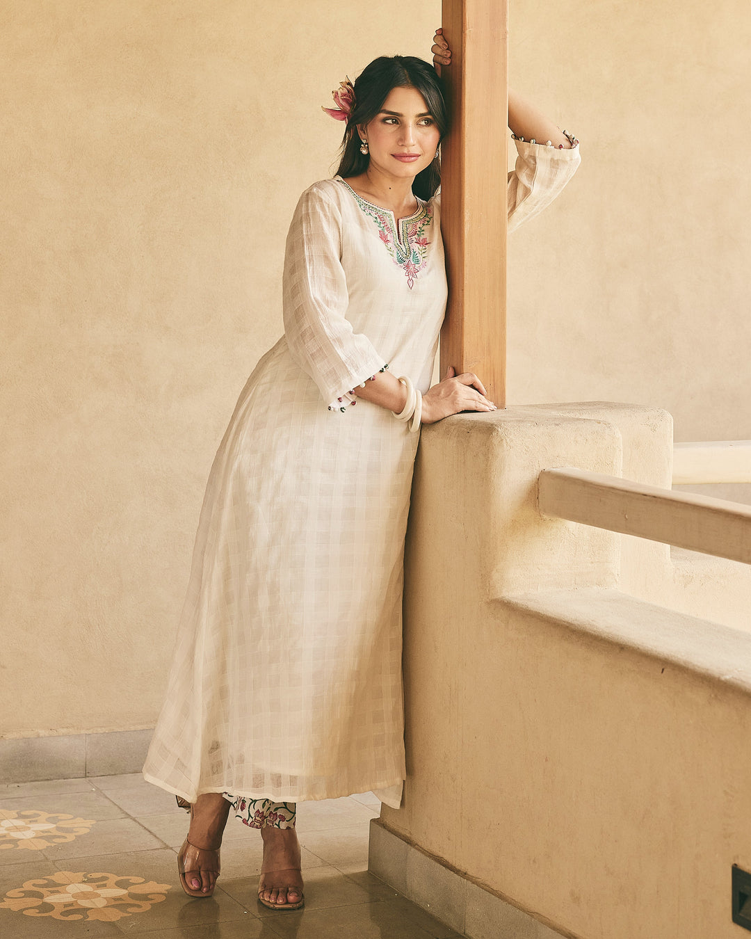 Leon White Big Checks Kurta Set