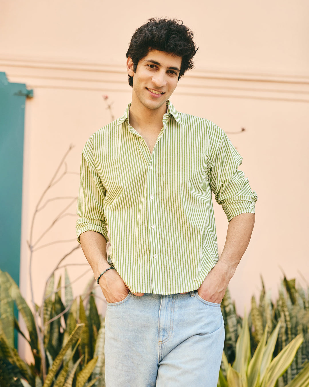 Nako Green Cotton Stripes Shirt
