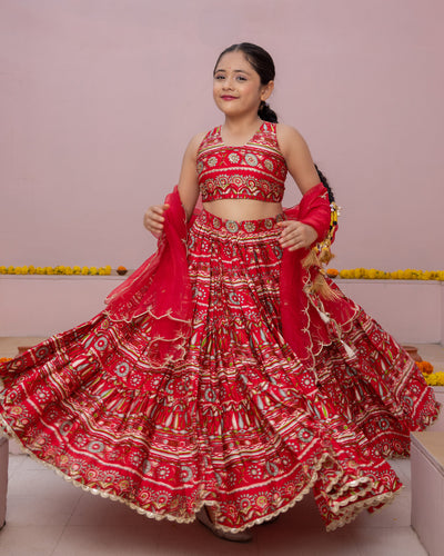 Nashra Red Printed Chanderi Lehenga Set