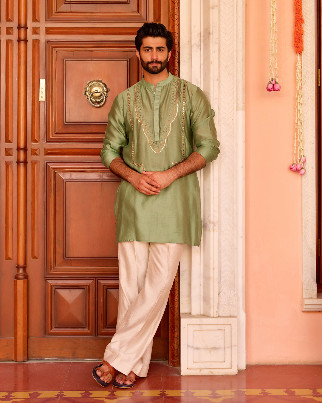 Trilok Sage Chanderi Embroidered Kurta