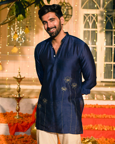 Neelkanth Navy Embroidered Chanderi Kurta