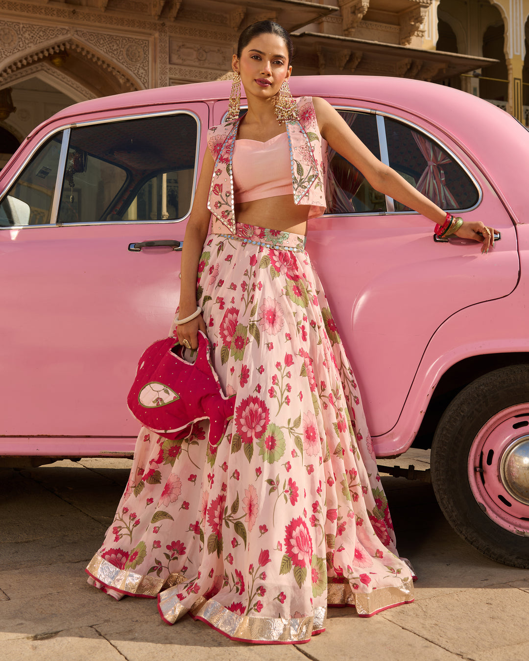 Noble Light Pink Printed Viscose Organza Lehenga Set