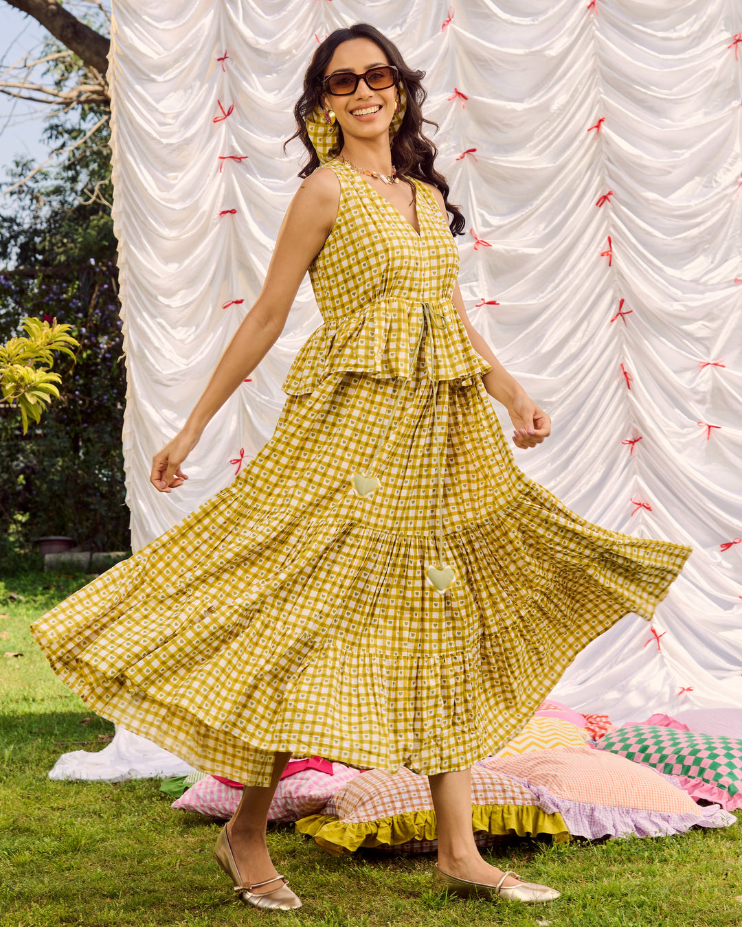 Emer Olive Cotton Checks Printed Dress