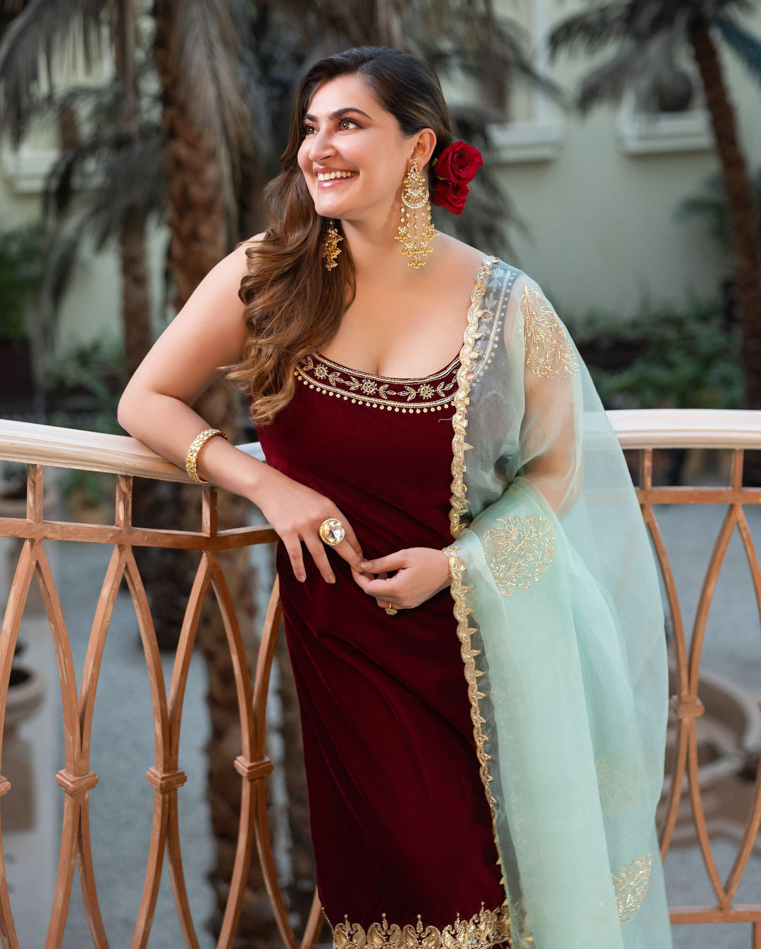 Shop Muglahi Maroon Embroidered Velvet Suit Set for Women Online