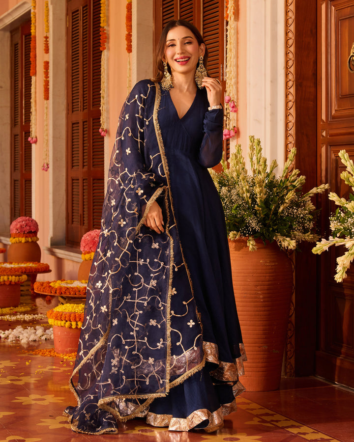 Jyotika Blue Embroidered Chanderi Suit Set