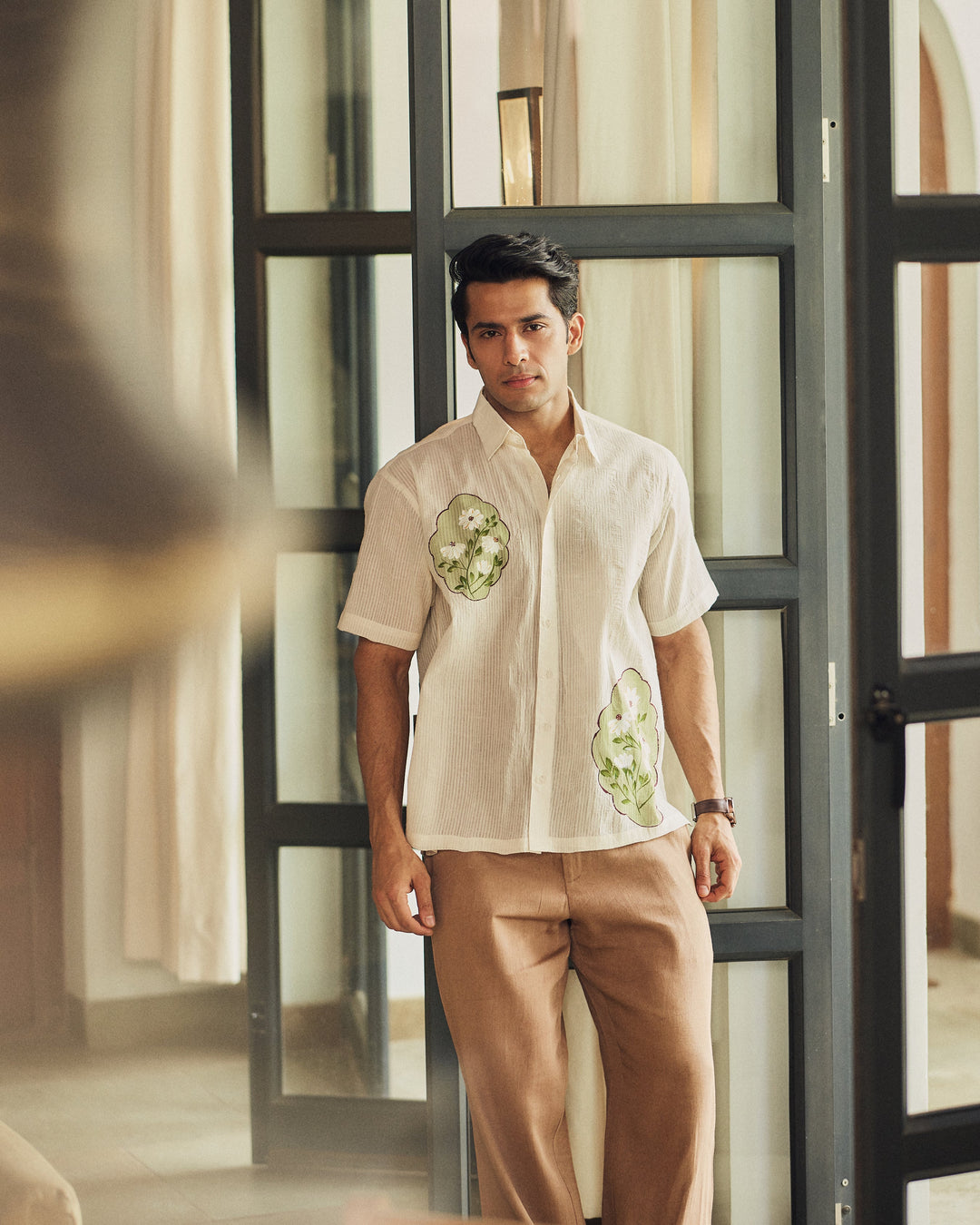 Sahil Off White Cotton Dobby Handpainted Shirt