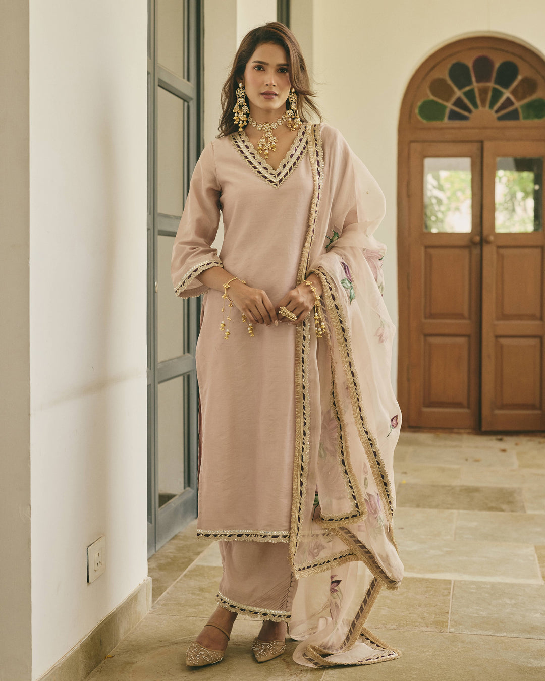 Chitvani Beige Handpainted Chanderi Suit Set
