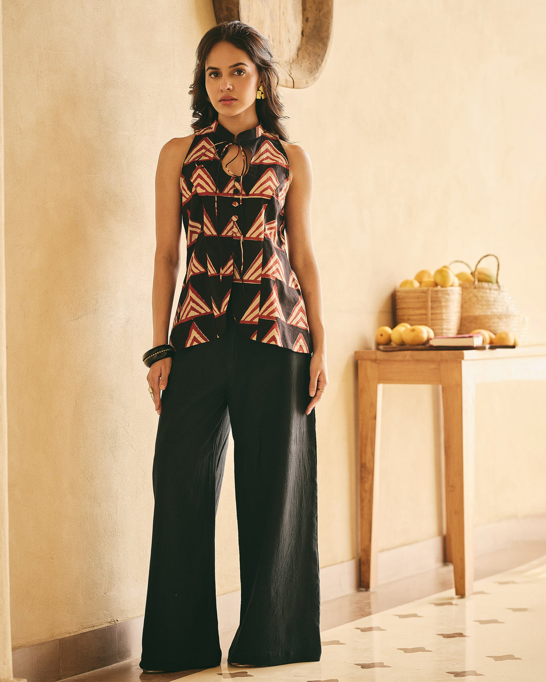 Kaile Black And Beige Cotton Printed Coord Set