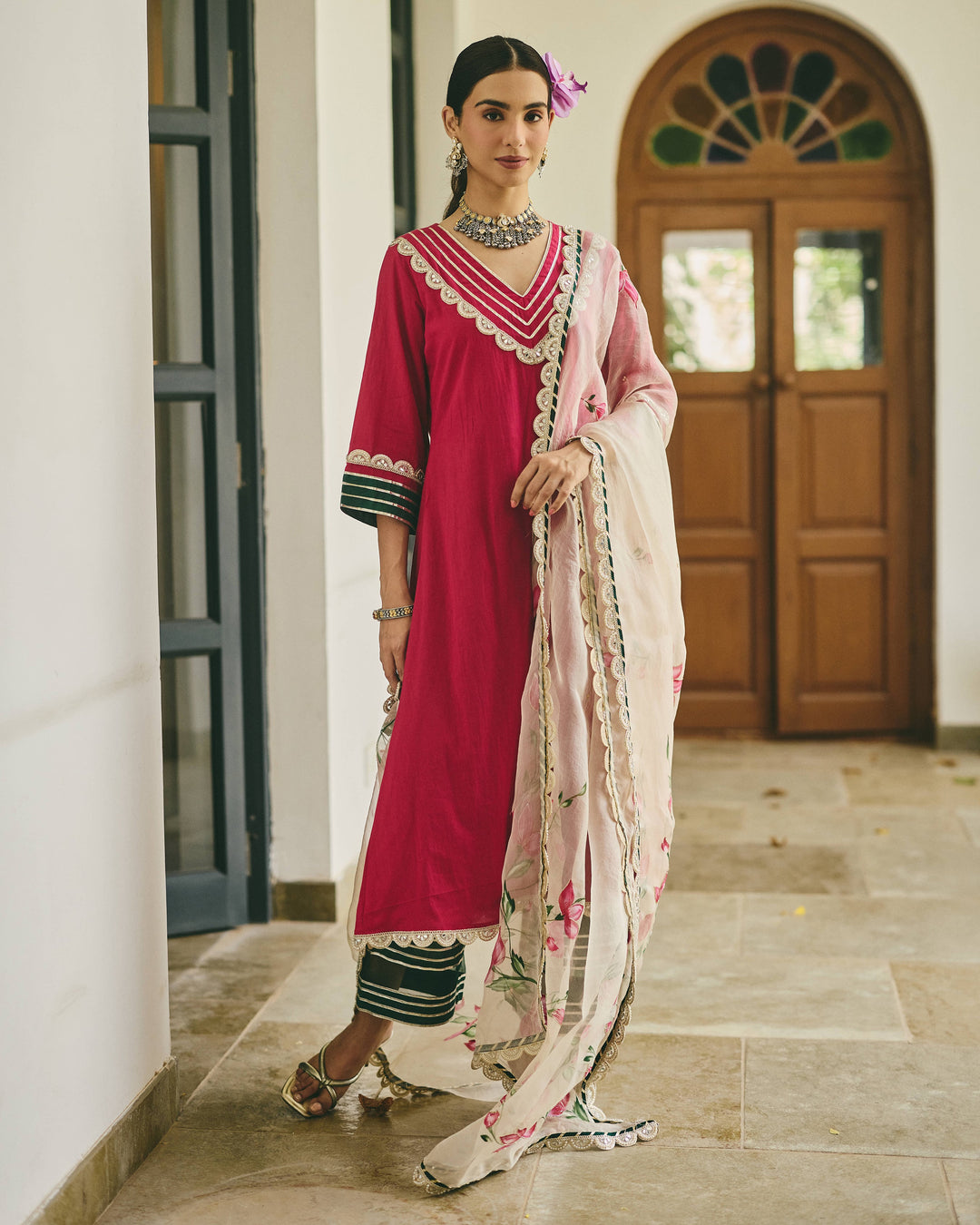 Zirel Pink Handpainted Cotton Suit Set