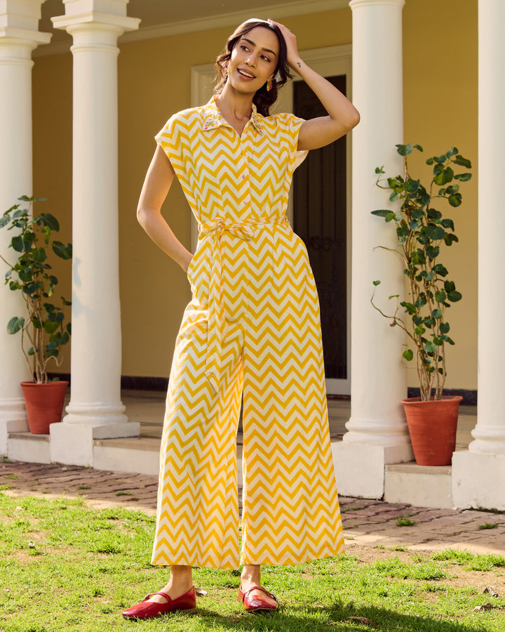 Ella Yellow Embroidered Cotton Printed Jumpsuit