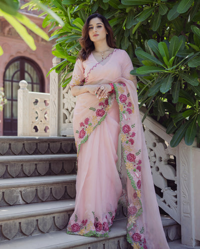 Posh Peach Embroidered Organza Saree