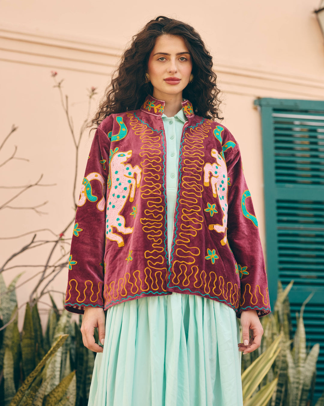 Burgessa Maroon Velvet Suzani Jacket