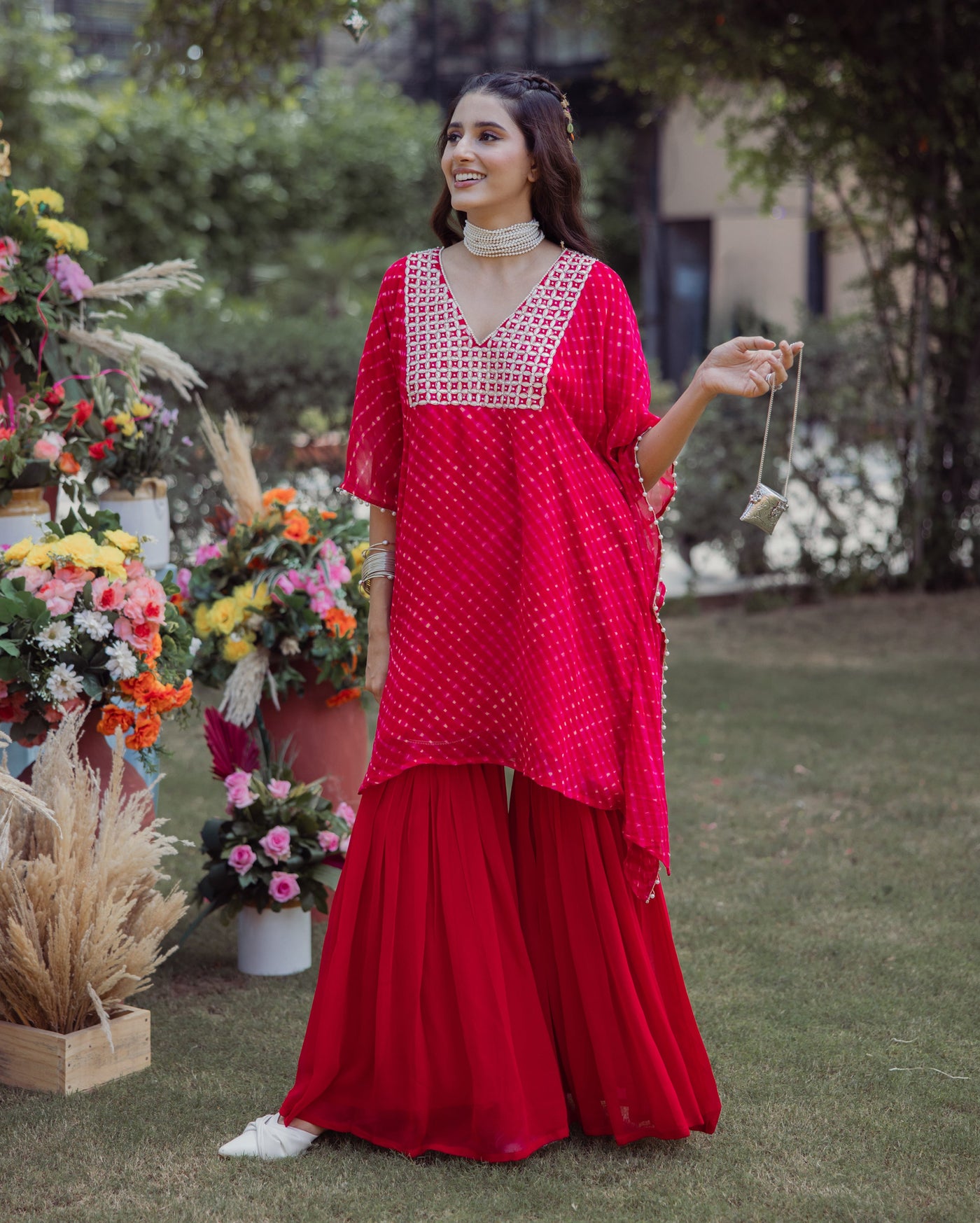 Chahat Red Leheriya Georgette Coord Set