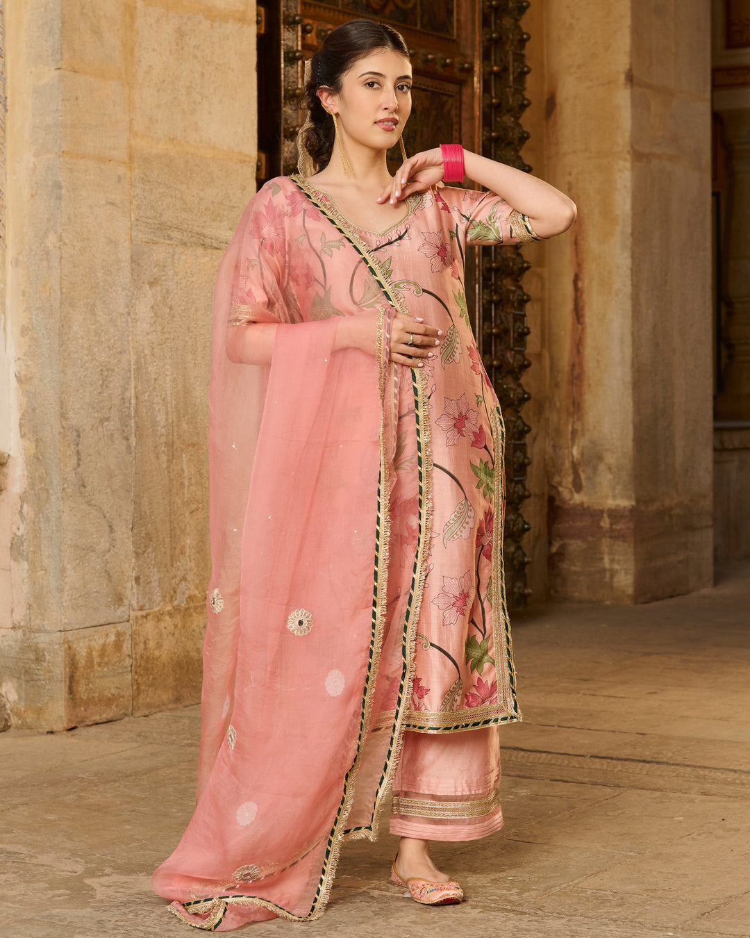 Pita Peach Printed Chanderi Suit Set