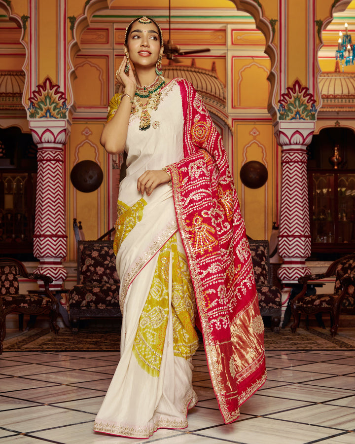 Barkha White Embroidered Kajol Bandhej Silk Saree