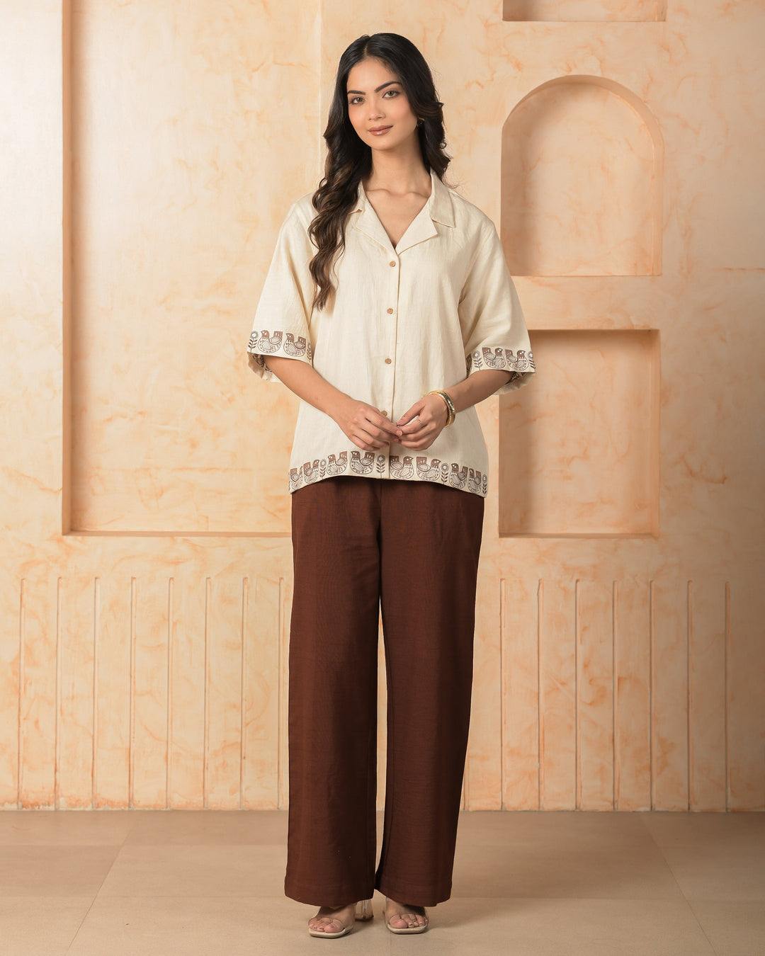 Vira Cream Embroidered Cotton Satin Shirt