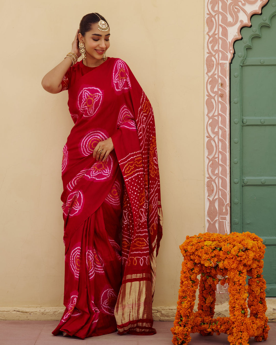 Maru Red Bandhej Silk Saree