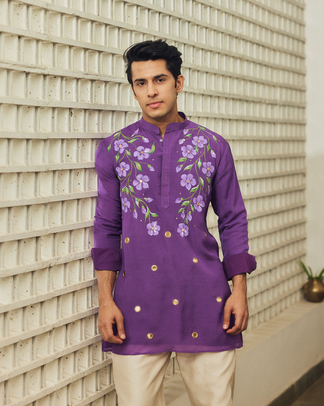 Rudvek Purple Handpainted Tabby Stripes Kurta