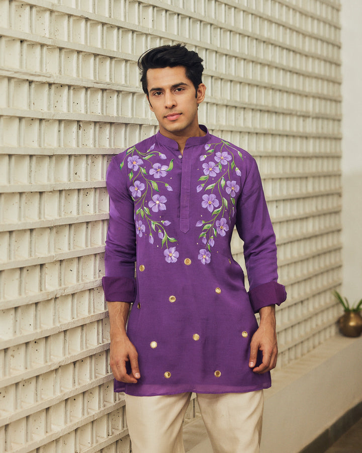 Rudvek Purple Handpainted Tabby Stripes Kurta