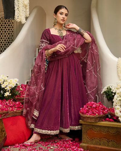 Terri Mauve Embroidered Velvet Suit Set