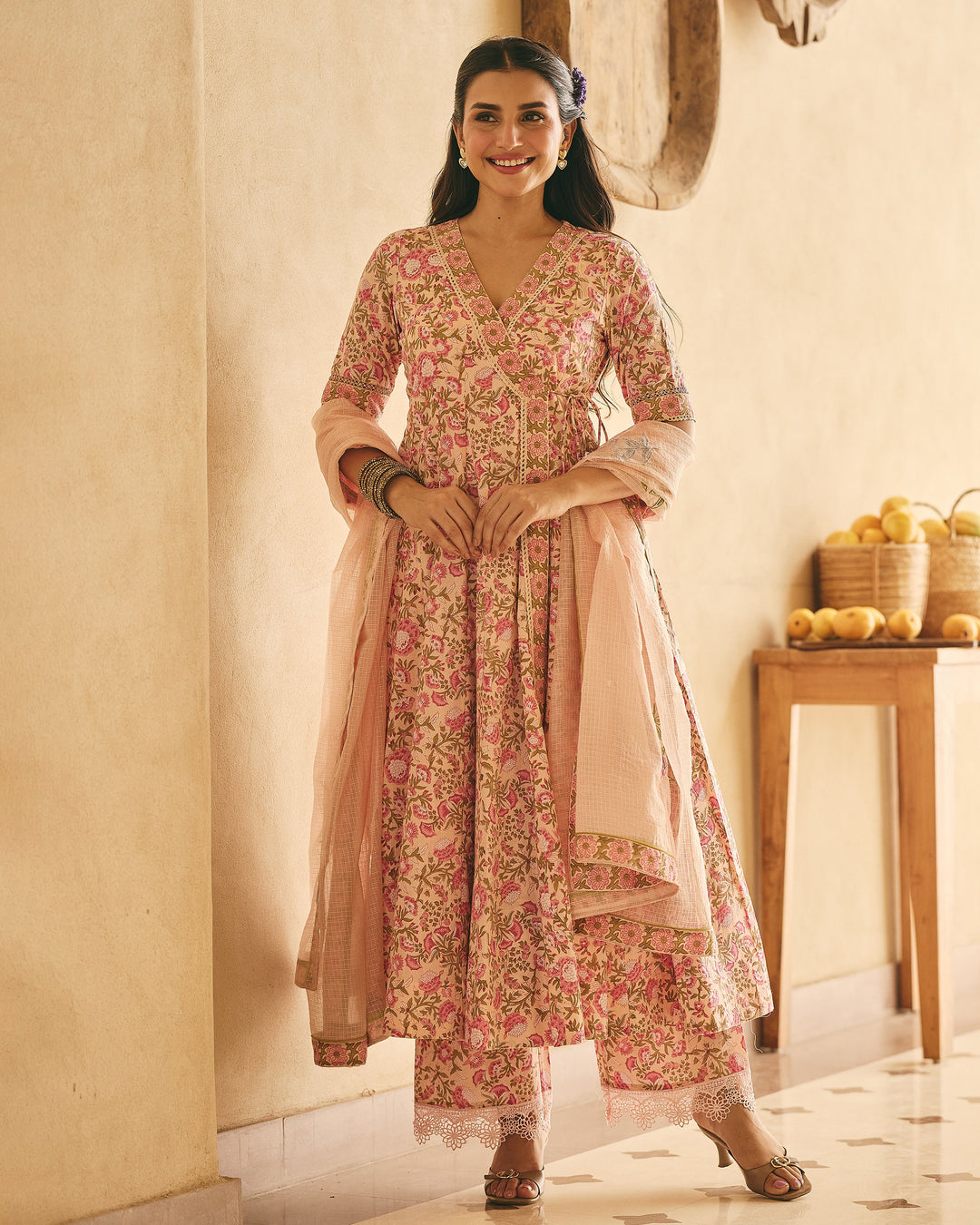 Dima Peach Cotton Printed Suit Set