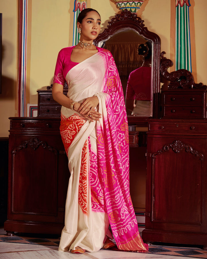 Dhun White Kajol Bandhej Silk Saree