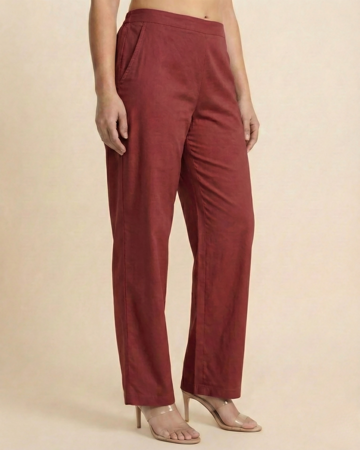 Anna Maroon Cotton Straight Pants