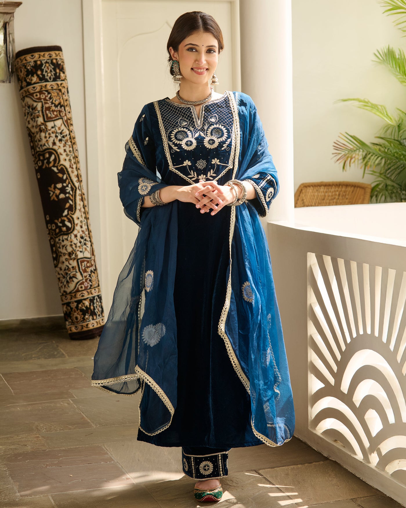 Jai Blue Embroidered Velvet Suit Set