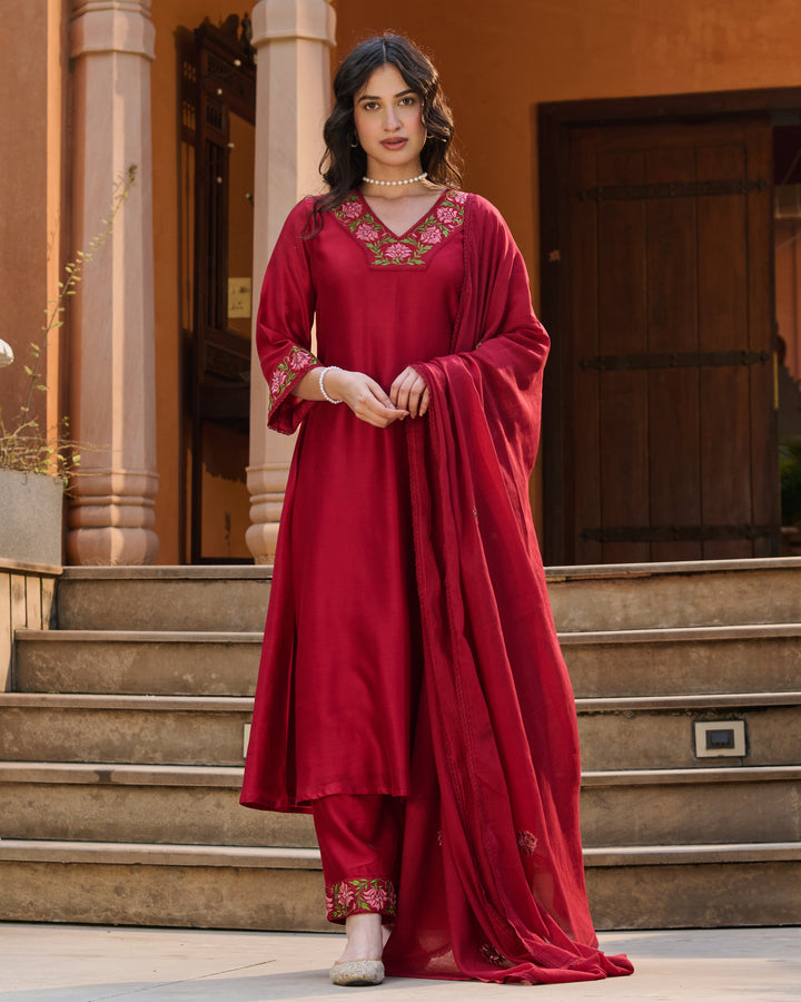 Solar Maroon Embroidered Roman Silk Suit Set