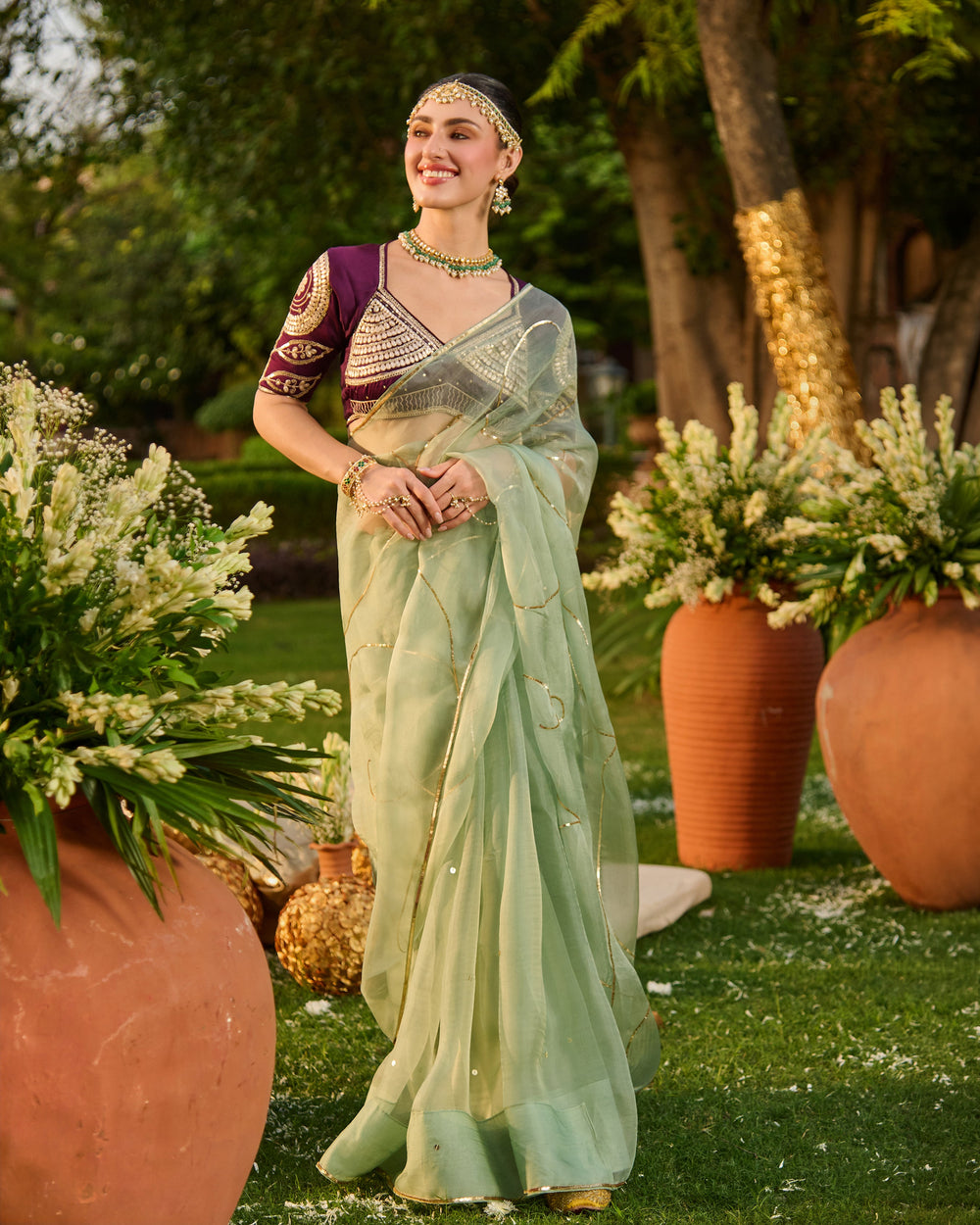 Surmayi Purple Embroidered Satin Aangi Blouse And Saree