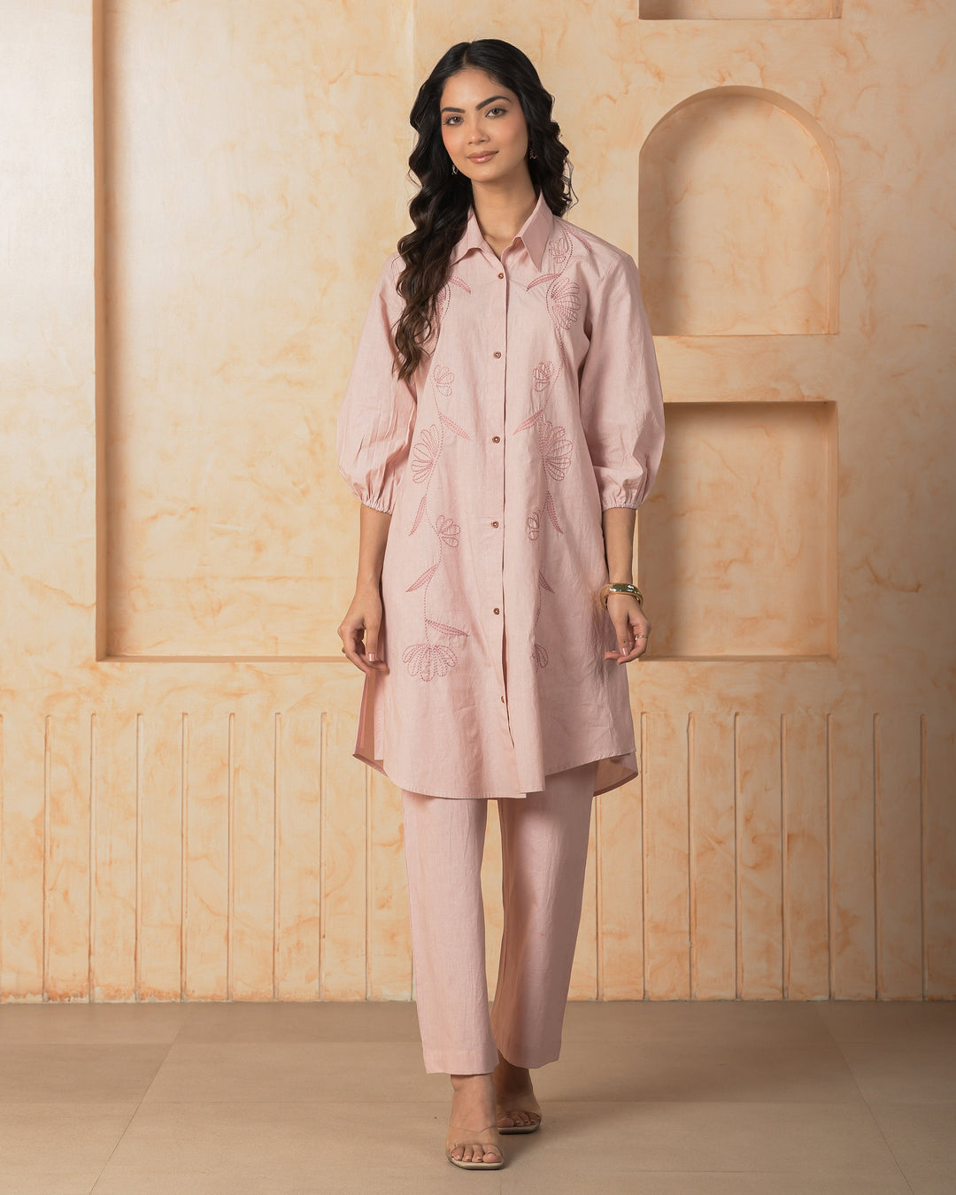 Noirra Pink Embroidered Cotton Coord Set