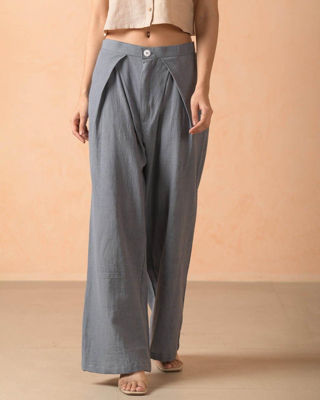 Mirel Grey Cotton Flex Solid Pleat Straight Pants