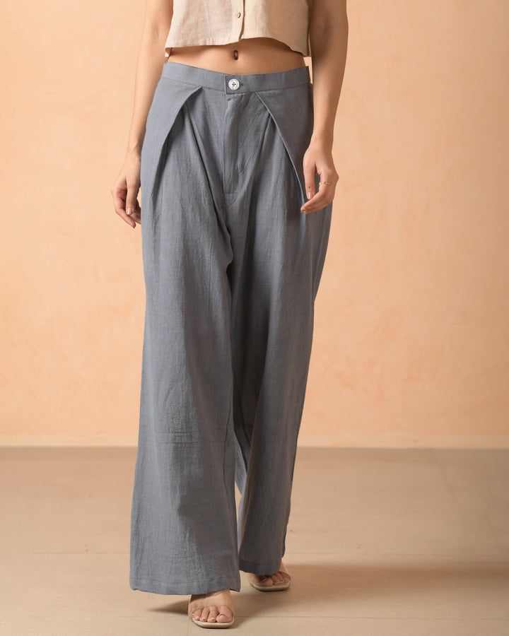 Mirel Grey Cotton Flex Solid Pleat Straight Pants