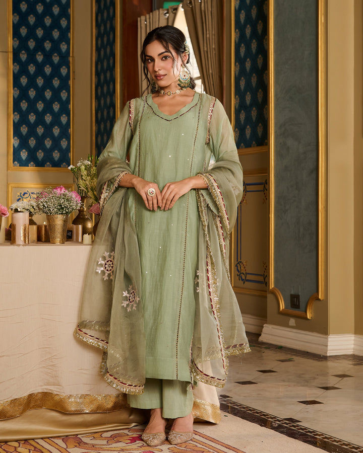 Prabhira Sage Green Embroidered Chanderi Suit Set