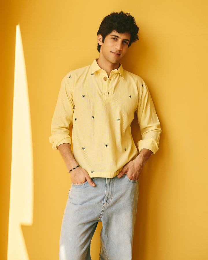 Teyo Yellow Embroidered Cotton Checks Printed Shirt