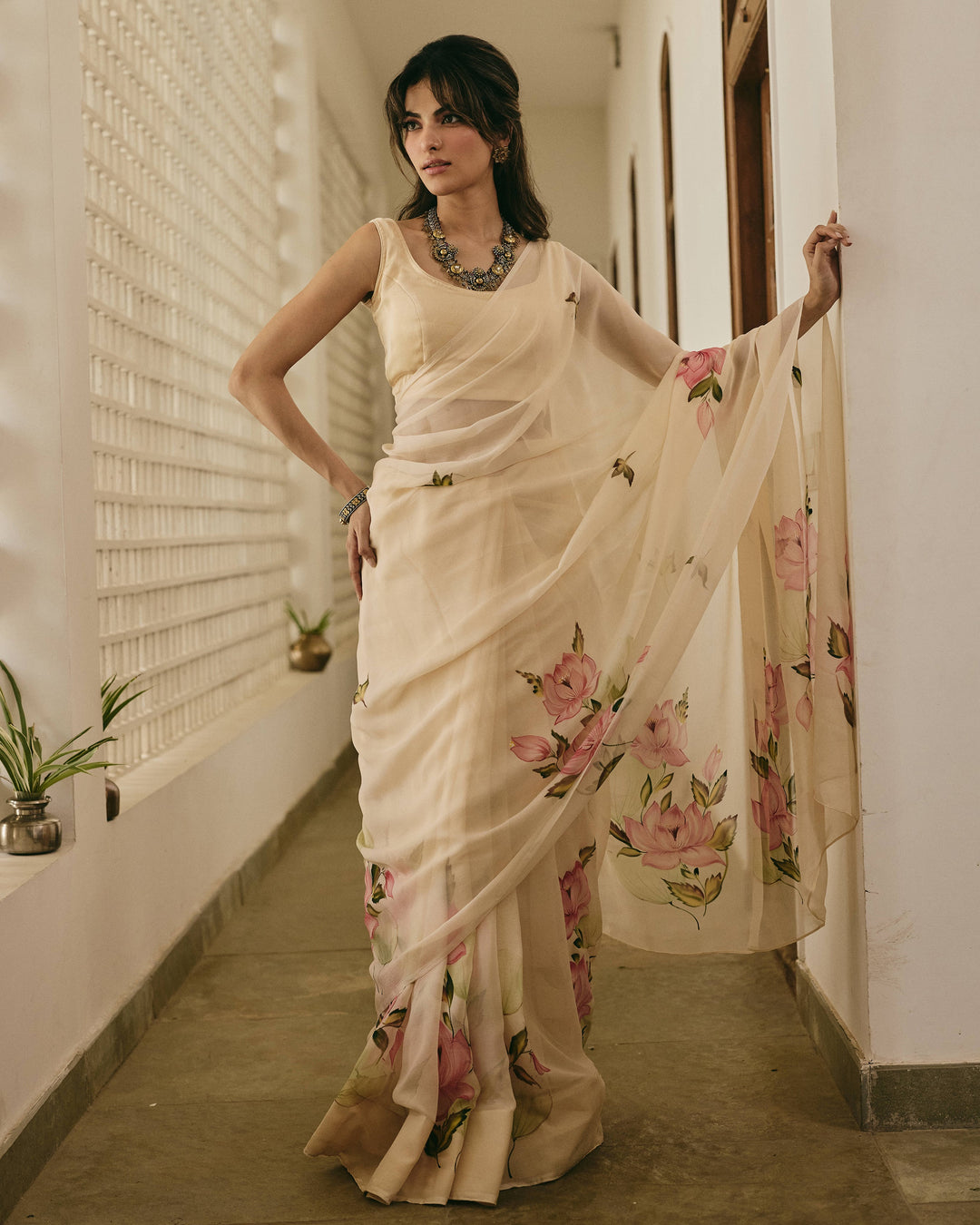 Mallika Peach Handpainted Chiffon Saree