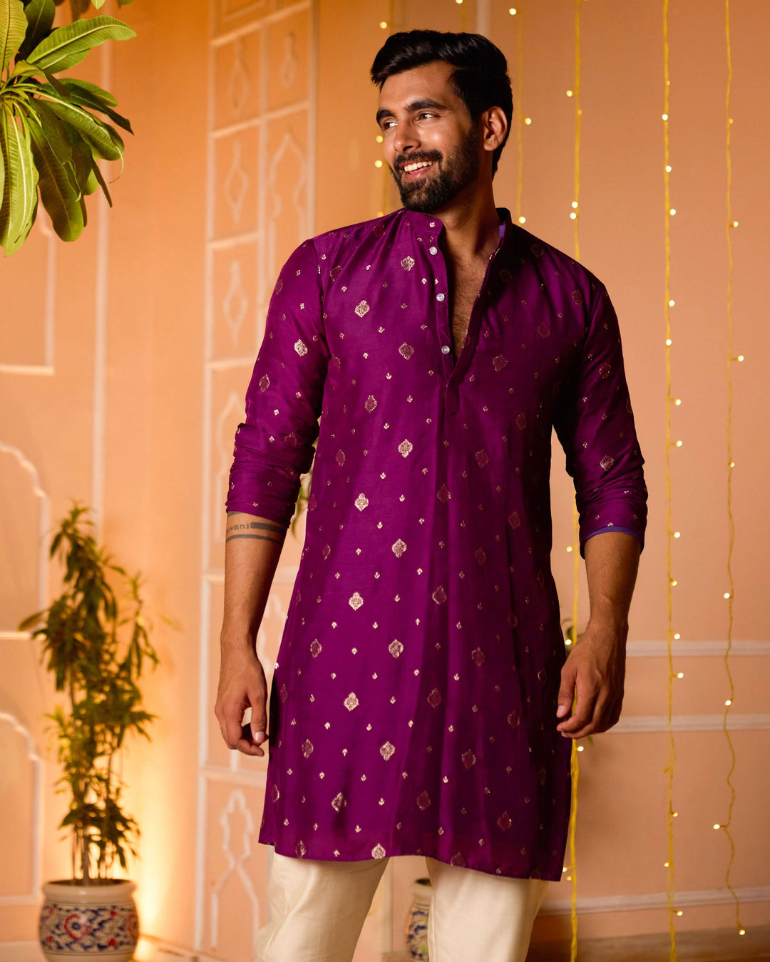 Prakashit Purple Jacquard Kurta