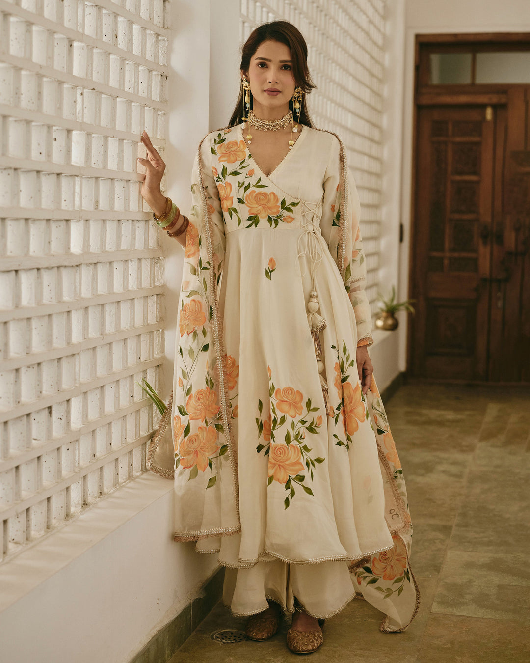 Neyra Ivory Handpainted Viscose Organza Suit Set