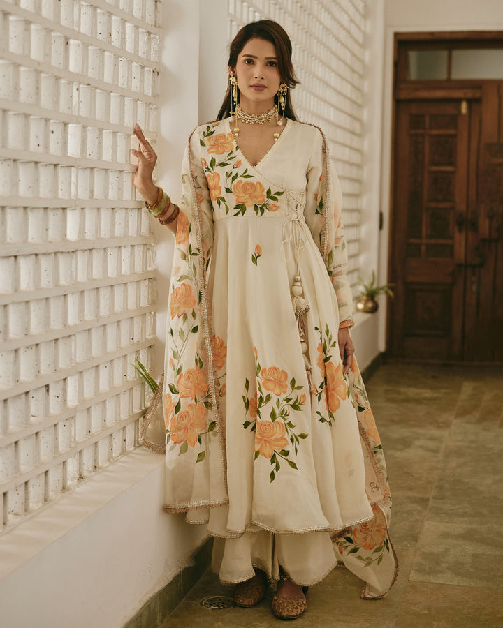 Neyra Ivory Handpainted Viscose Organza Suit Set