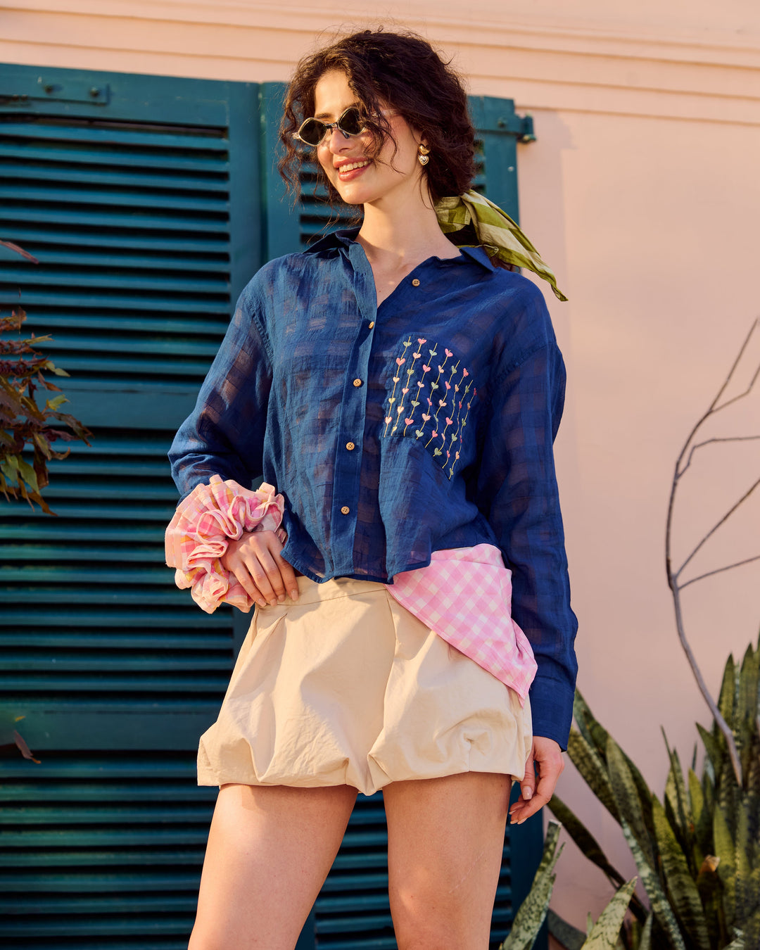 Amalia Blue Embroidered Cotton Checks Solid Shirt