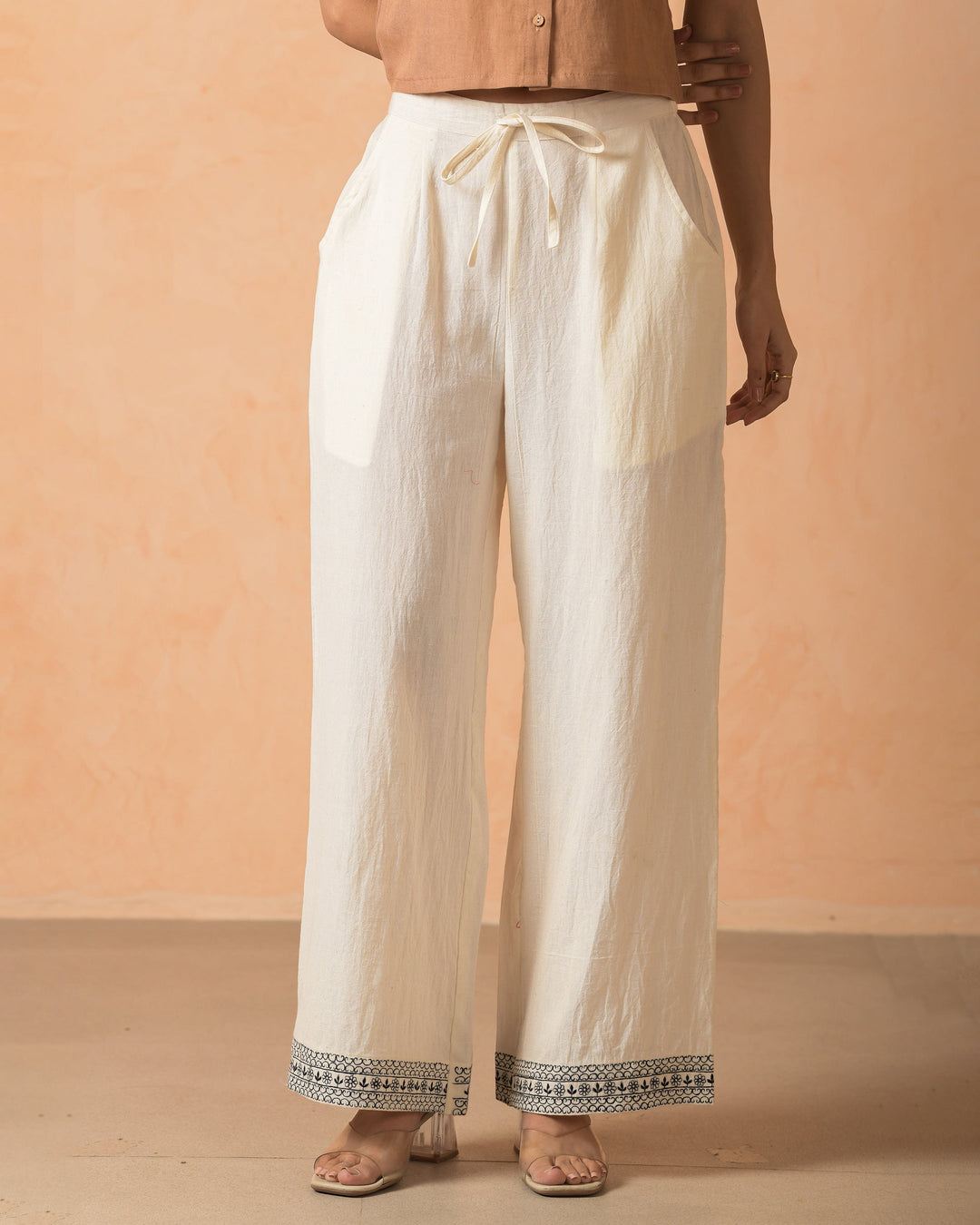 Anira Cream Cotton Flex Embroidered Straight Pants