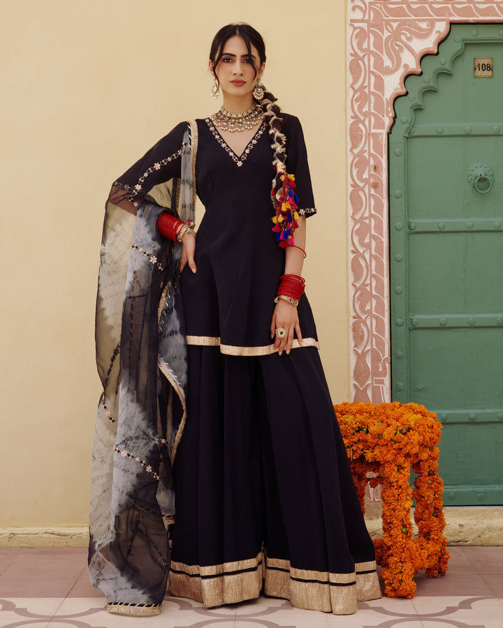 Indu Black Embroidered Chanderi Suit Set