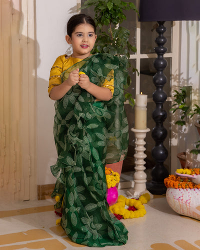 Dua Green Bandhani Organza Pre Draped Saree