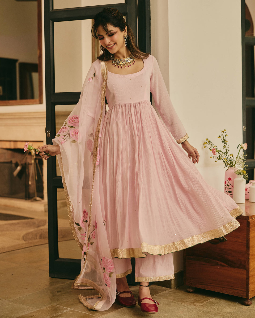 Varnya Pink Handpainted Crushed Cotton Suit Set