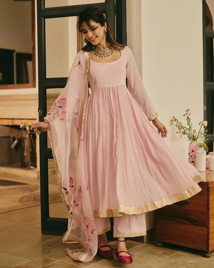 Varnya Pink Handpainted Crushed Cotton Suit Set